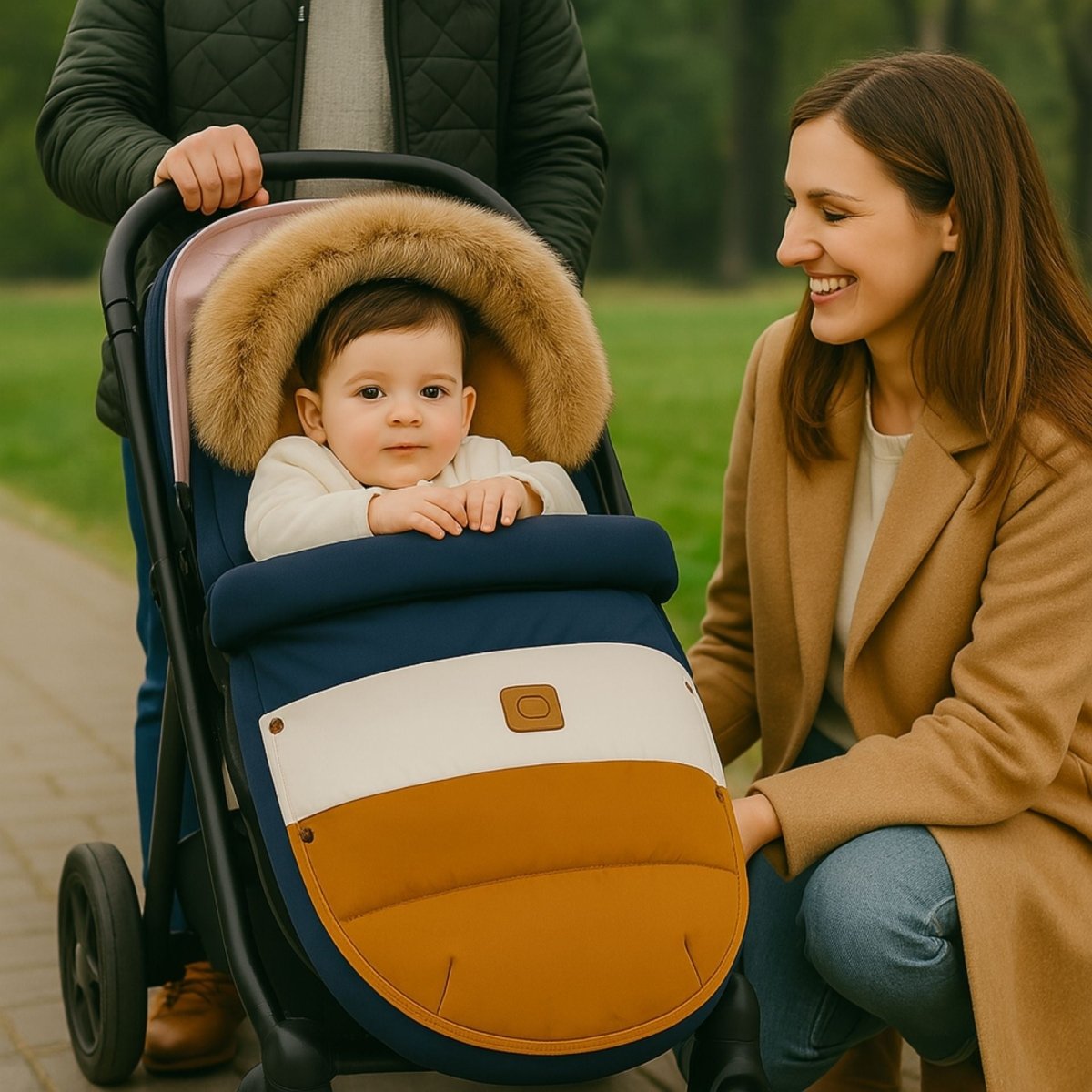 chanceliere tricolore bleu marine, blanc et marron avec bébé en promenade
