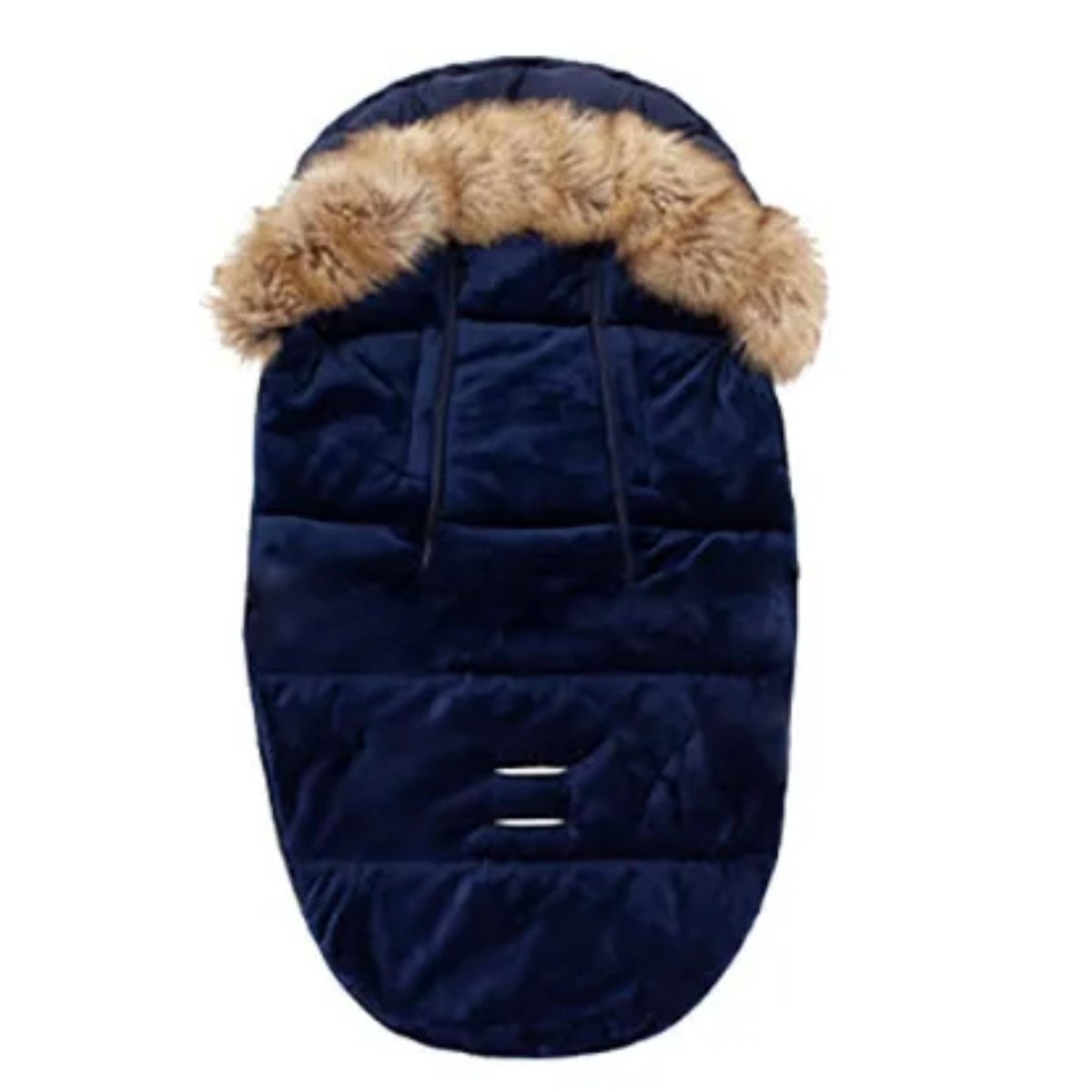 dos de chanceliere bleu marine avec fentes harnais et capuche fausse fourrure