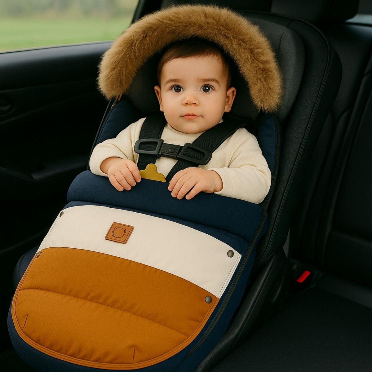 bébé assis dans chanceliere tricolore bleu, blanc et marron en siège auto