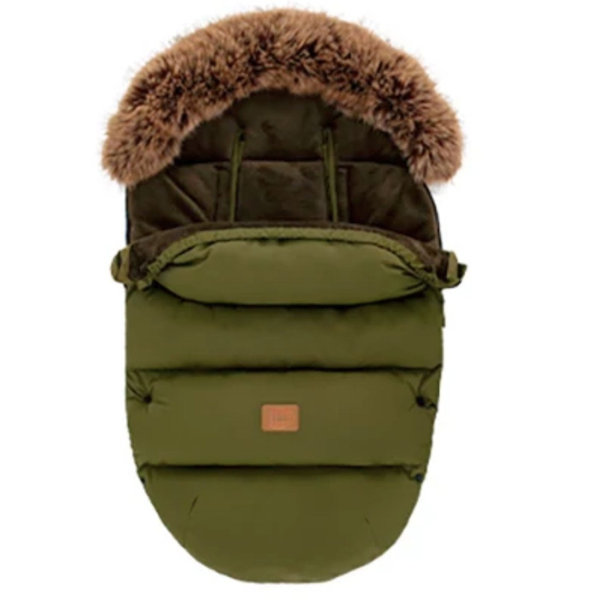 chanceliere vert armée avec capuche ouverte et doublure marron moelleuse visible