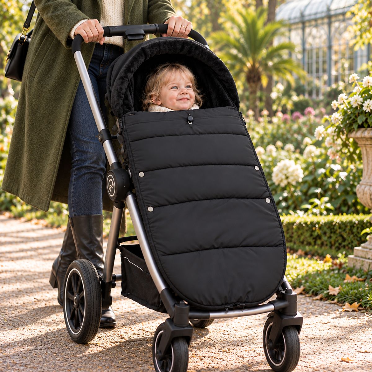 Chancelière noire avec intérieur doux, bébé installé dans une poussette lors d’une promenade dans un jardin
