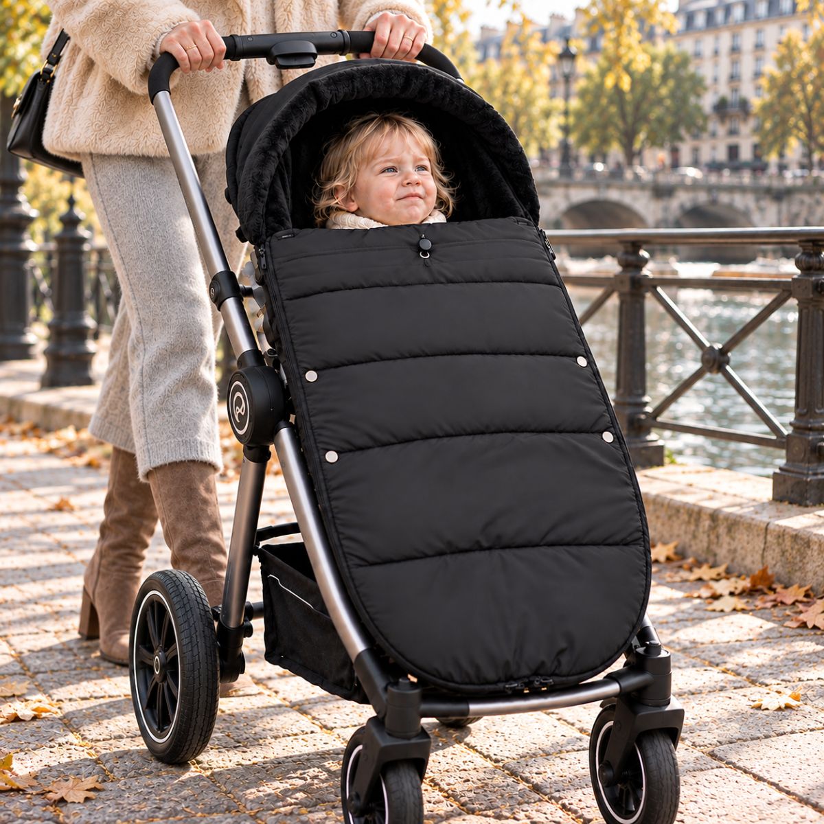 Chancelière noire avec intérieur doux, bébé installé dans une poussette lors d’une promenade au bord de l’eau