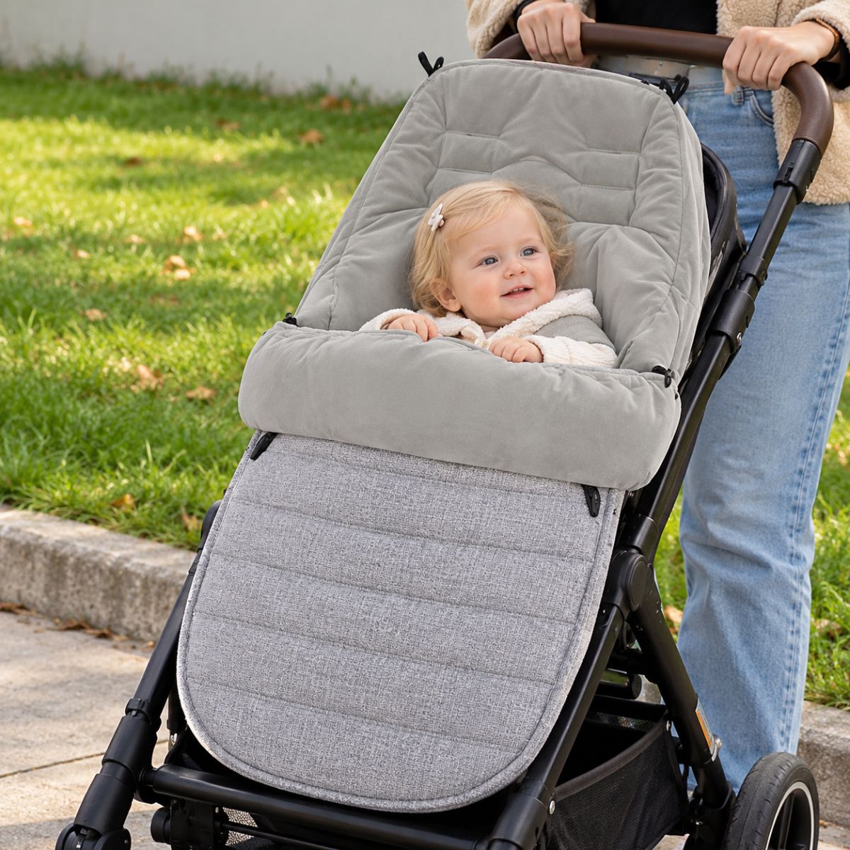 Chancelière évolutive gris clair en format allongé installée sur une poussette