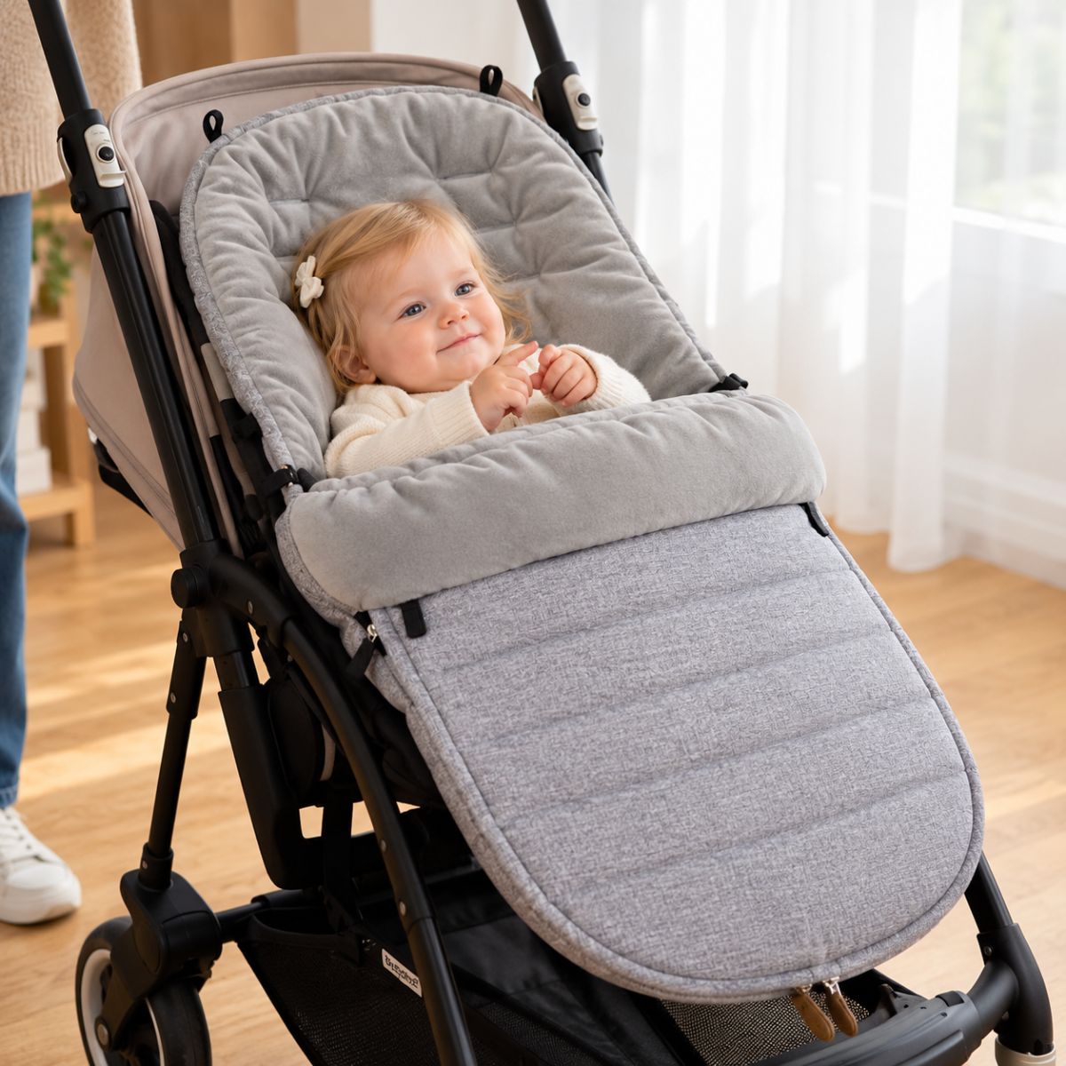 Chancelière évolutive gris clair avec intérieur doux et bébé installé sur la poussette