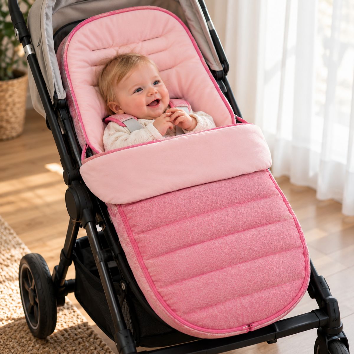 Chancelière évolutive rose en format allongé installée sur une poussette