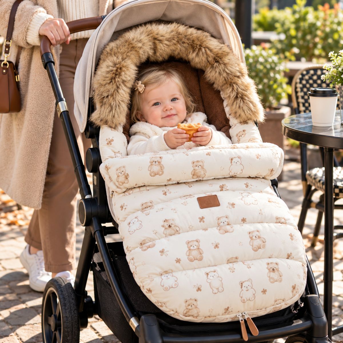 Chancelière hiver poussette beige avec col amovible et intérieur doux