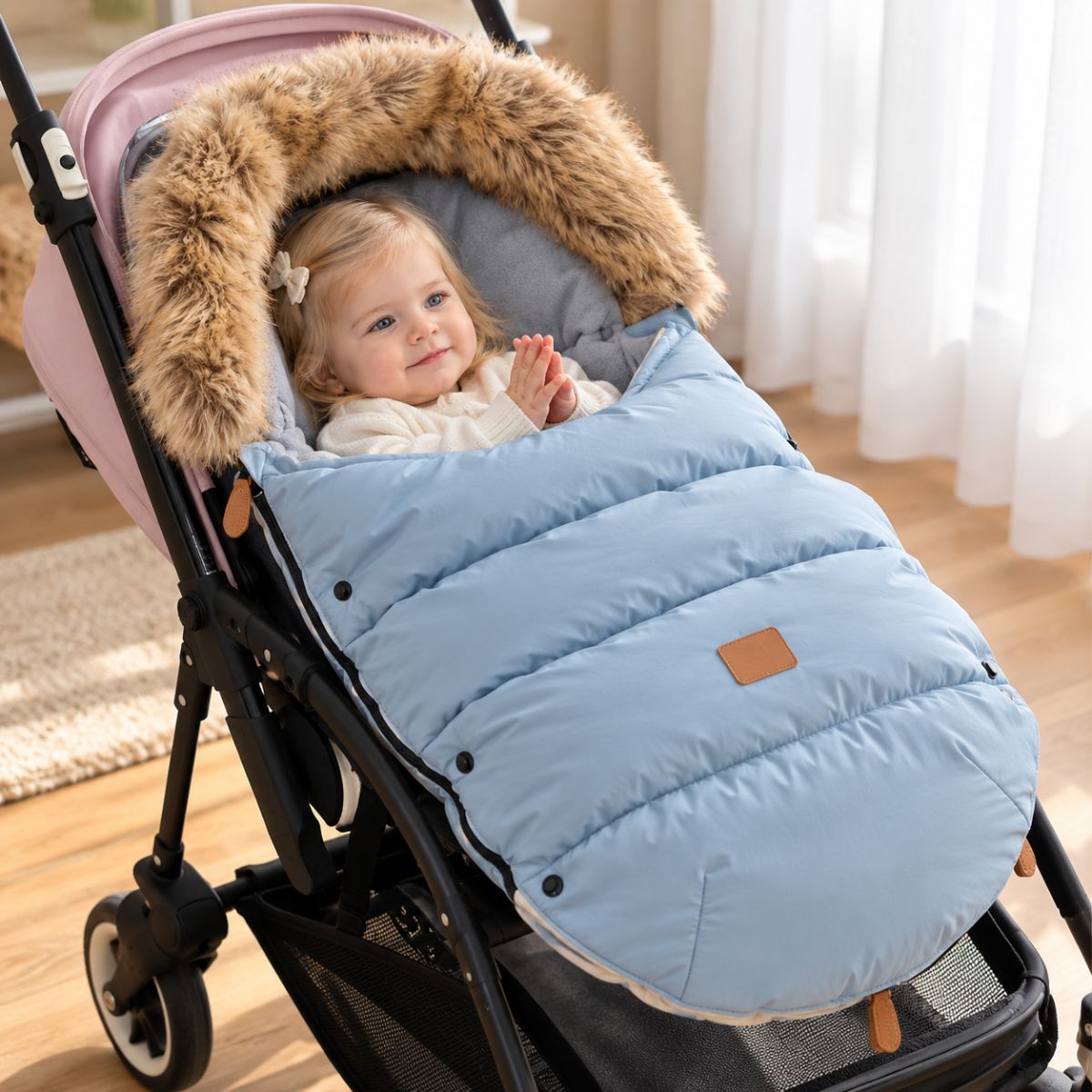 Chancelière hiver poussette bleu clair avec garnissage matelassé et col amovible