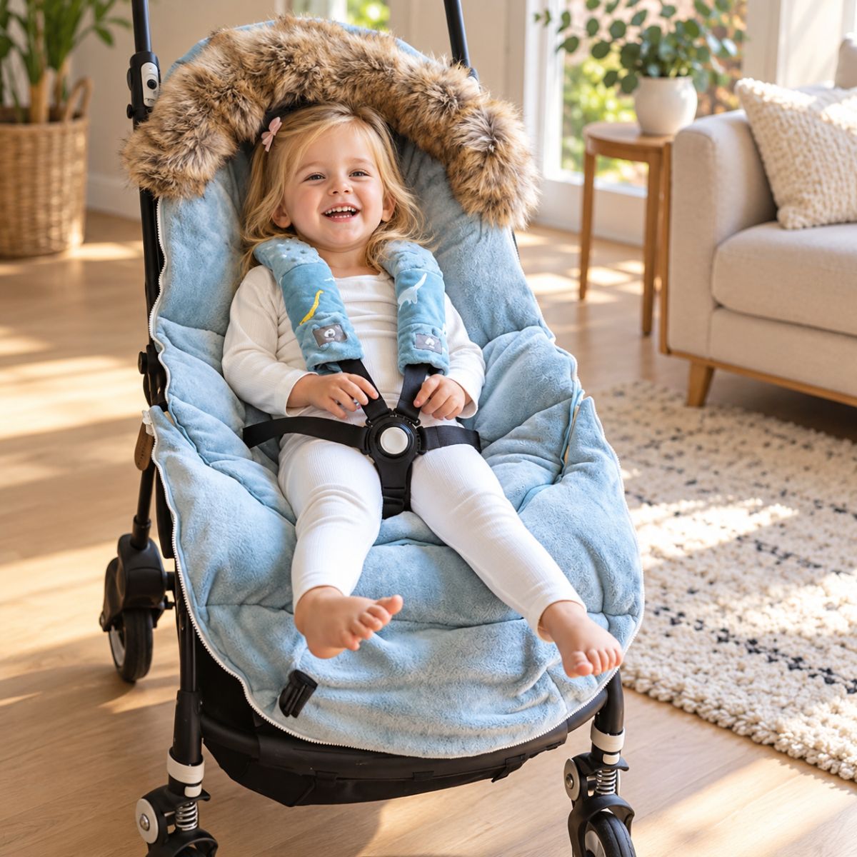 Chancelière hiver poussette bleu clair avec intérieur doux et passages pour harnais