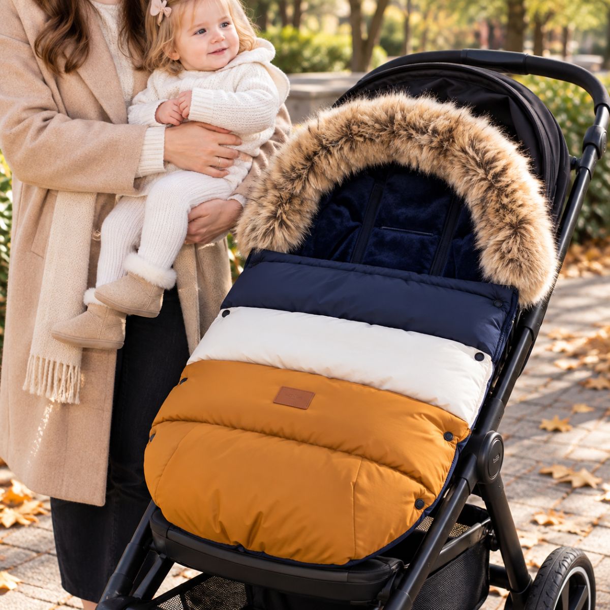 Chancelière hiver poussette avec intérieur doux bleu marine et passages pour harnais