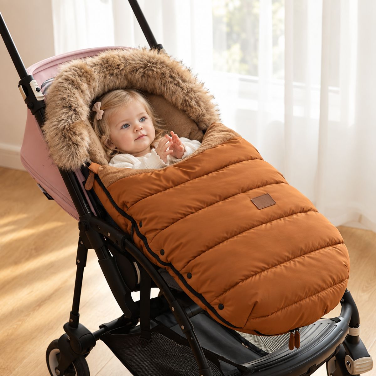 Chancelière hiver poussette camel avec col amovible et bordure effet fourrure