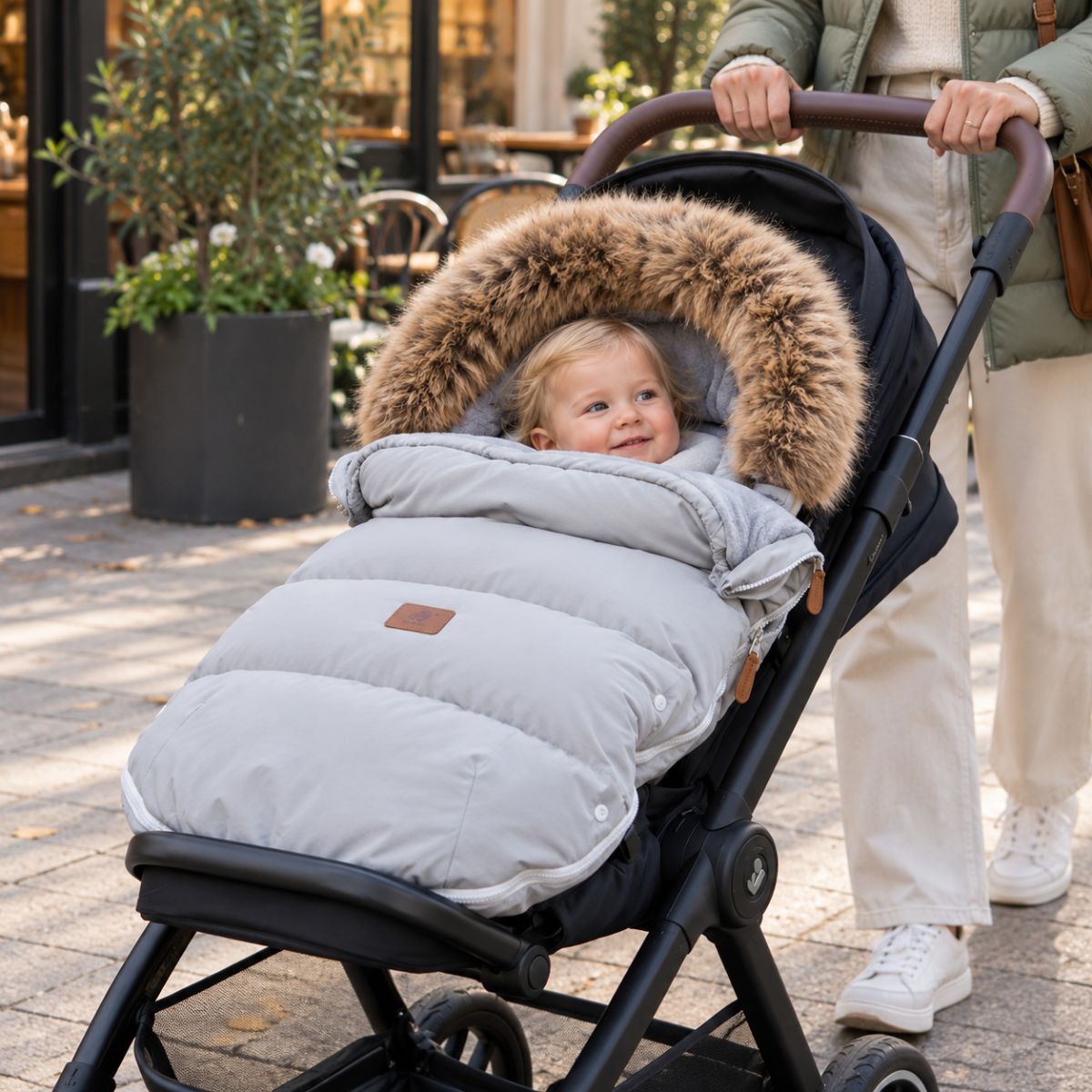 Chancelière hiver poussette gris clair avec bordure effet fourrure et forme enveloppante