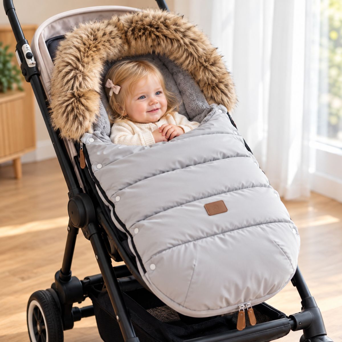 Chancelière hiver poussette gris clair avec col amovible et garnissage matelassé