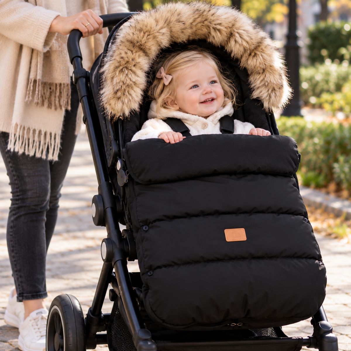 Chancelière hiver poussette noire avec bordure effet fourrure et forme enveloppante