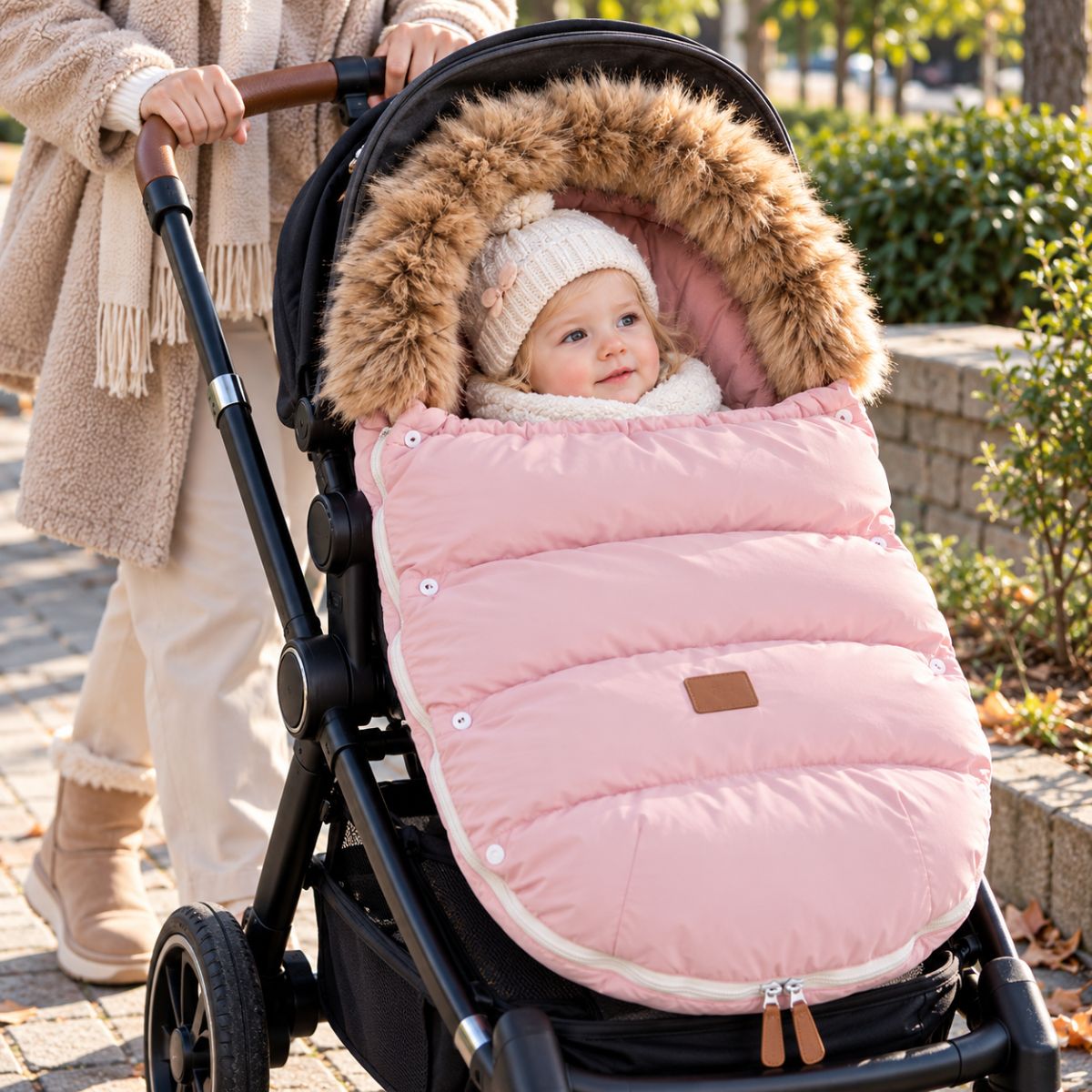 Chancelière hiver poussette rose avec col amovible et boutons-pression