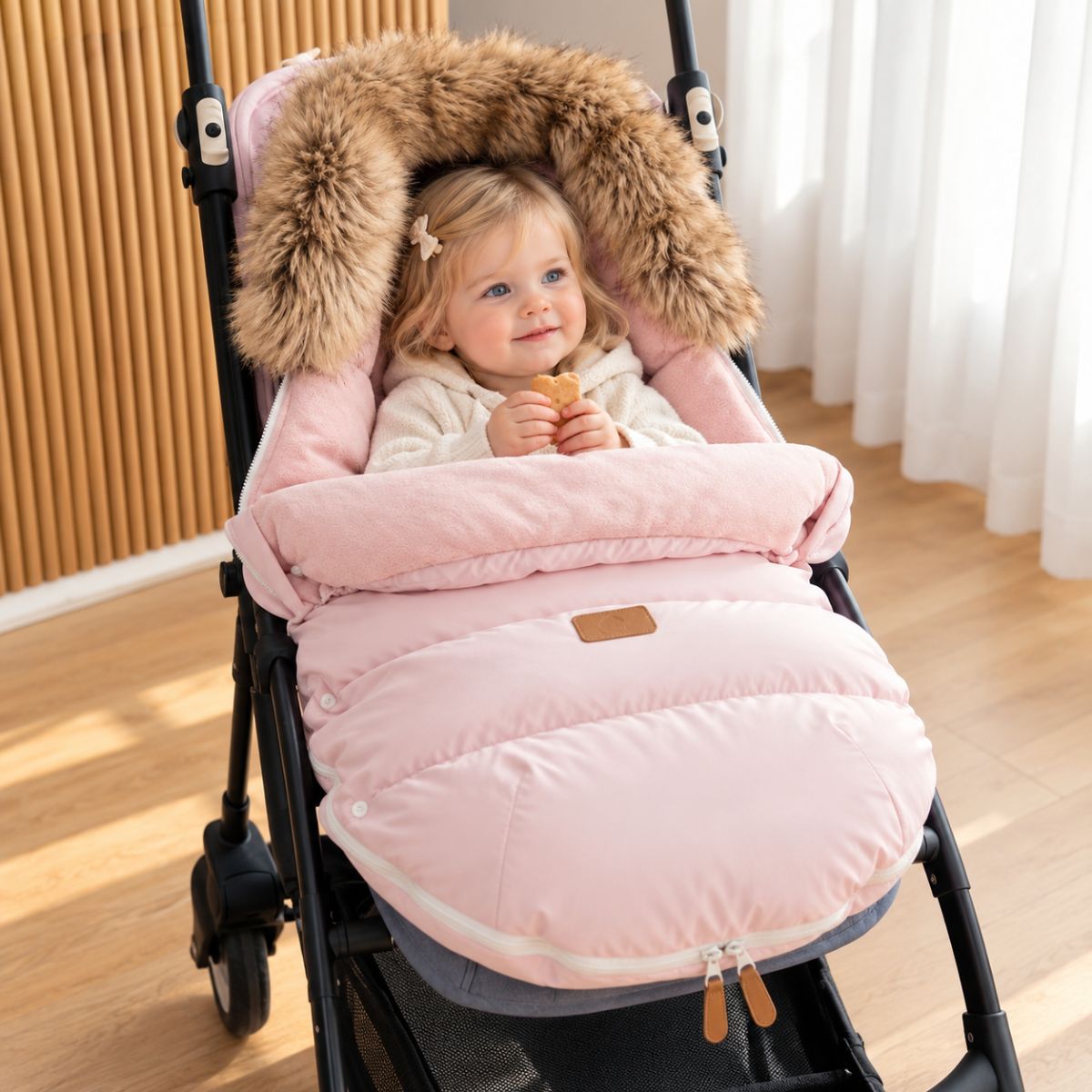 Chancelière hiver poussette rose avec intérieur doux, col amovible et partie avant ouverte