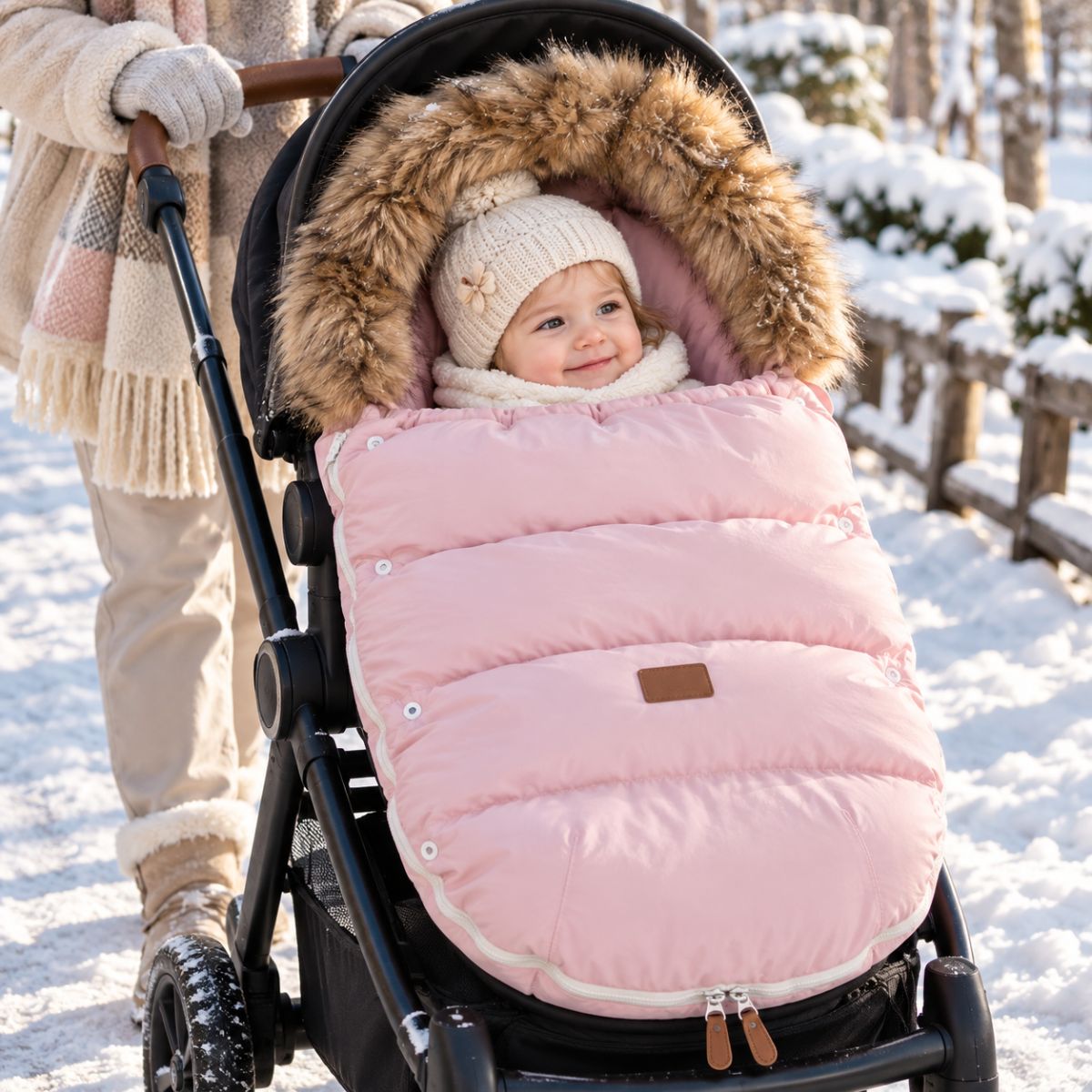 Chancelière hiver poussette rose avec bordure effet fourrure et garnissage matelassé