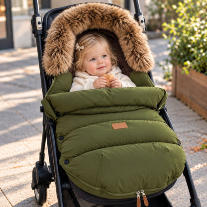 Chancelière hiver poussette vert olive avec garnissage matelassé et col amovible