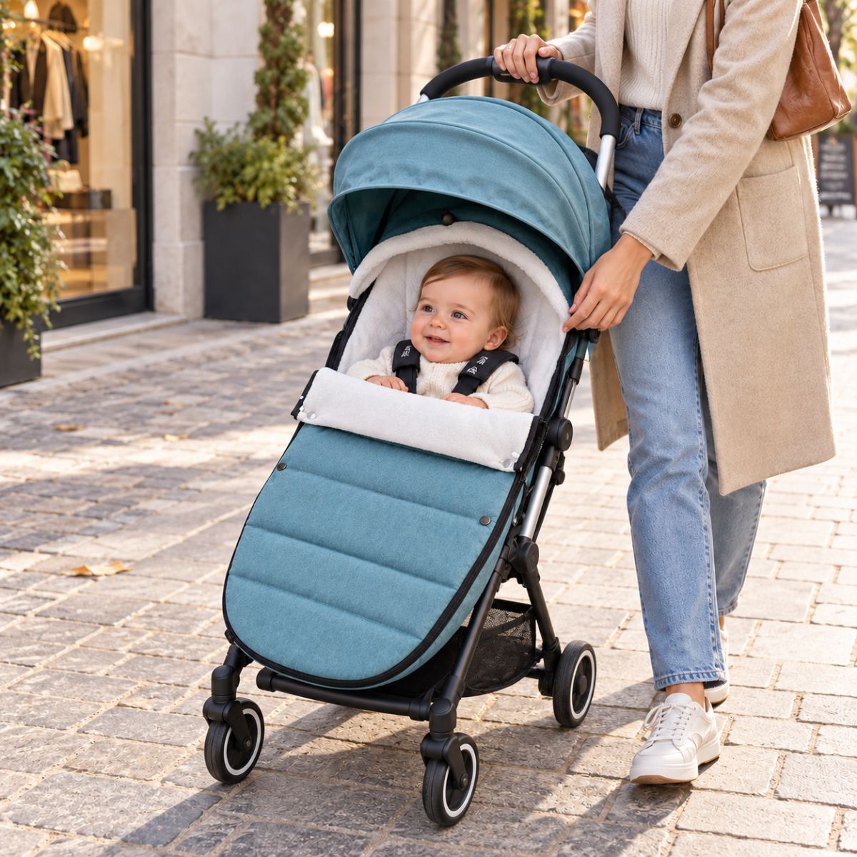 Chanceliere impermeable poussette Aqua avec bébé installé lors d’une promenade en ville