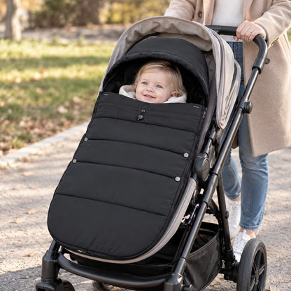 Chanceliere impermeable poussette Étanche noir avec bébé installé pendant une balade au parc