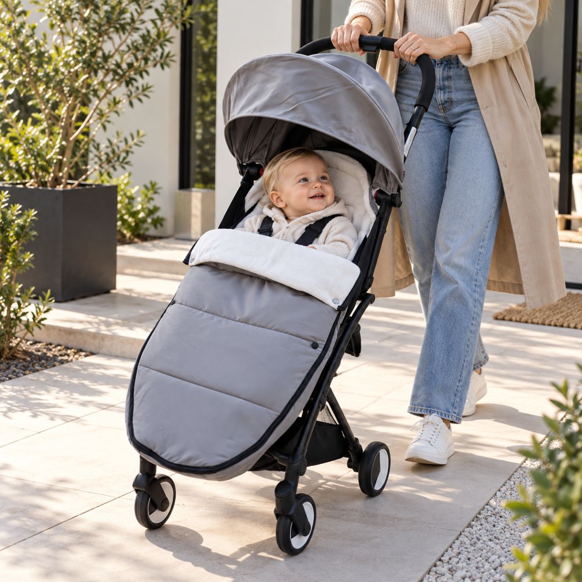 Chanceliere impermeable poussette gris avec bébé installé lors d’une sortie extérieure
