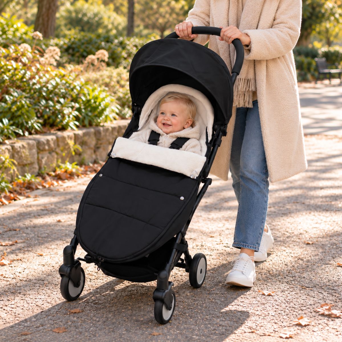 Chanceliere impermeable poussette noire avec bébé installé pendant une balade au parc