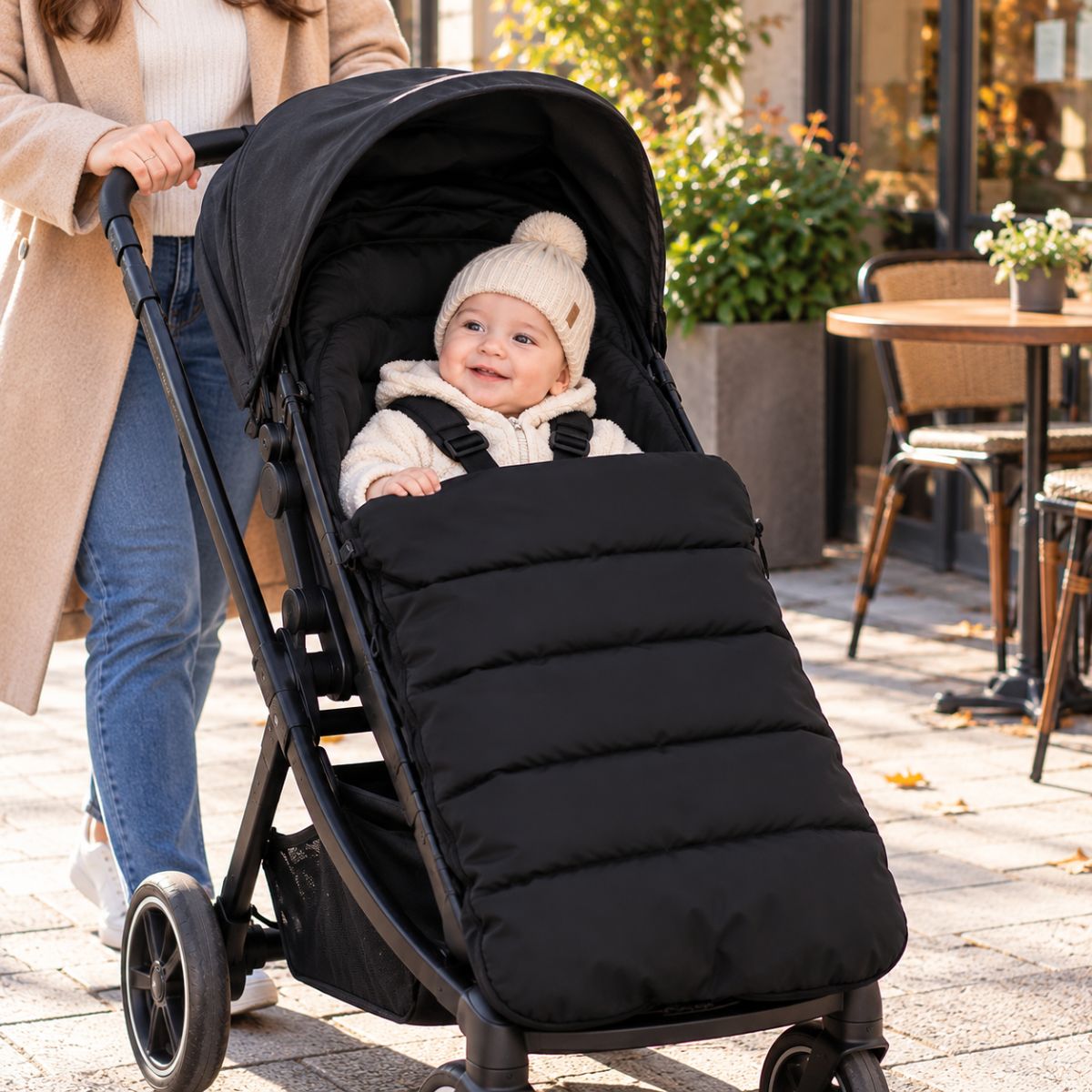 Chancelière pour poussette noire avec bébé installé pendant une balade extérieure