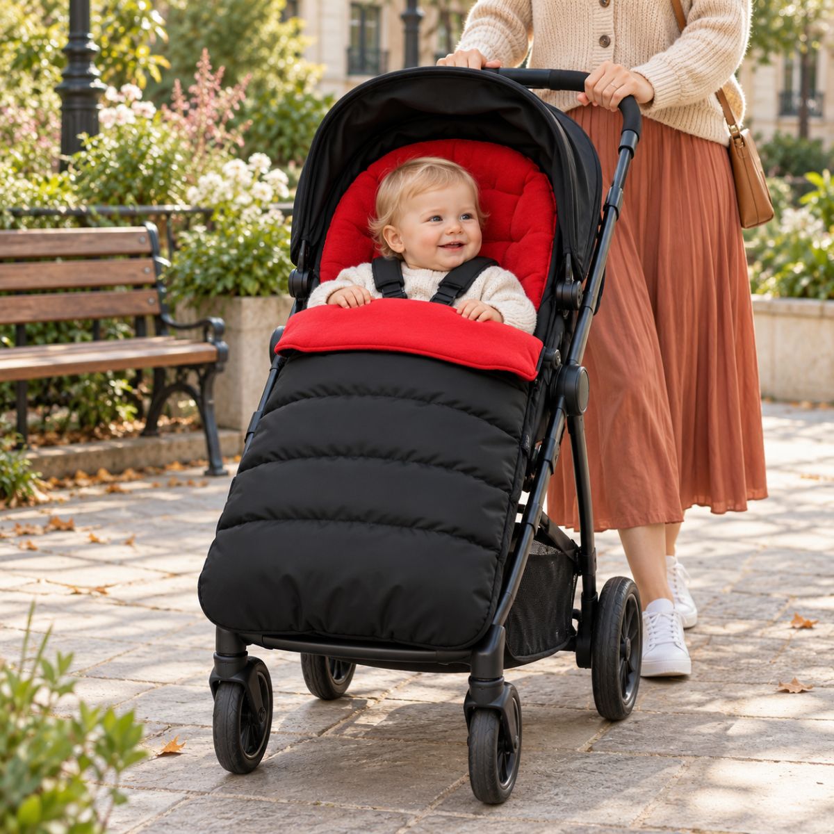 Chancelière pour poussette rouge avec bébé installé pendant une balade extérieure