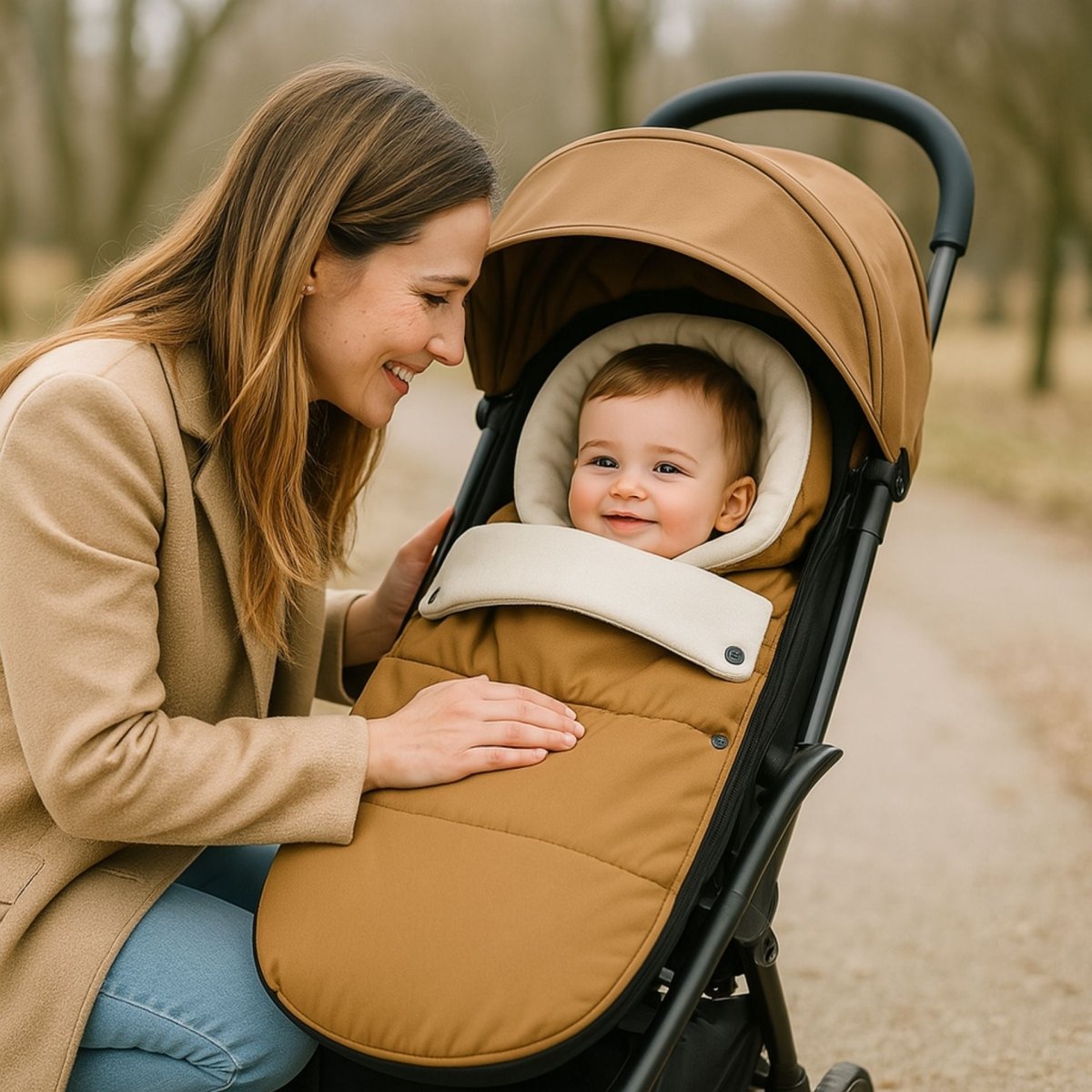 maman regardant son bebe dans une chanceliere poussette toffee pendant une balade hivernale