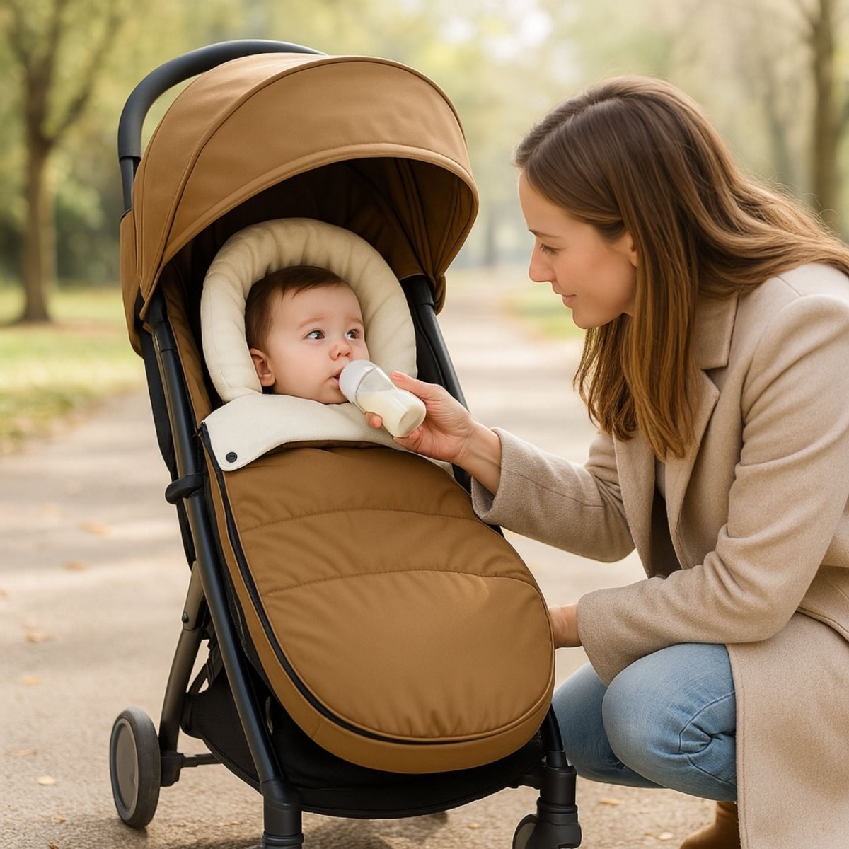 scene de promenade avec bebe dans chanceliere poussette toffee pendant une sortie automnale