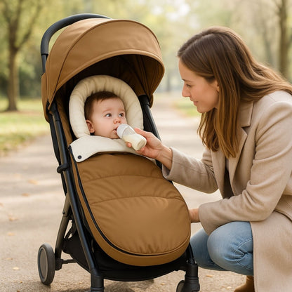 scene de promenade avec bebe dans chanceliere poussette toffee pendant une sortie automnale