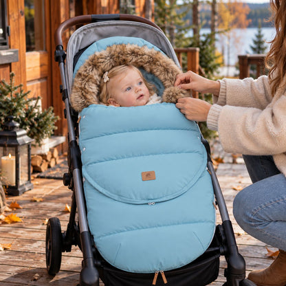 Chancelière poussette bleu clair avec col effet fourrure, bébé installé dans une poussette devant un chalet avec sa maman
