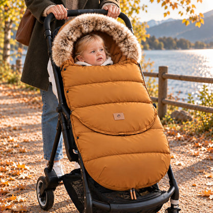 Chancelière poussette brune avec col effet fourrure, bébé installé avec sa maman au bord d’un lac en automne