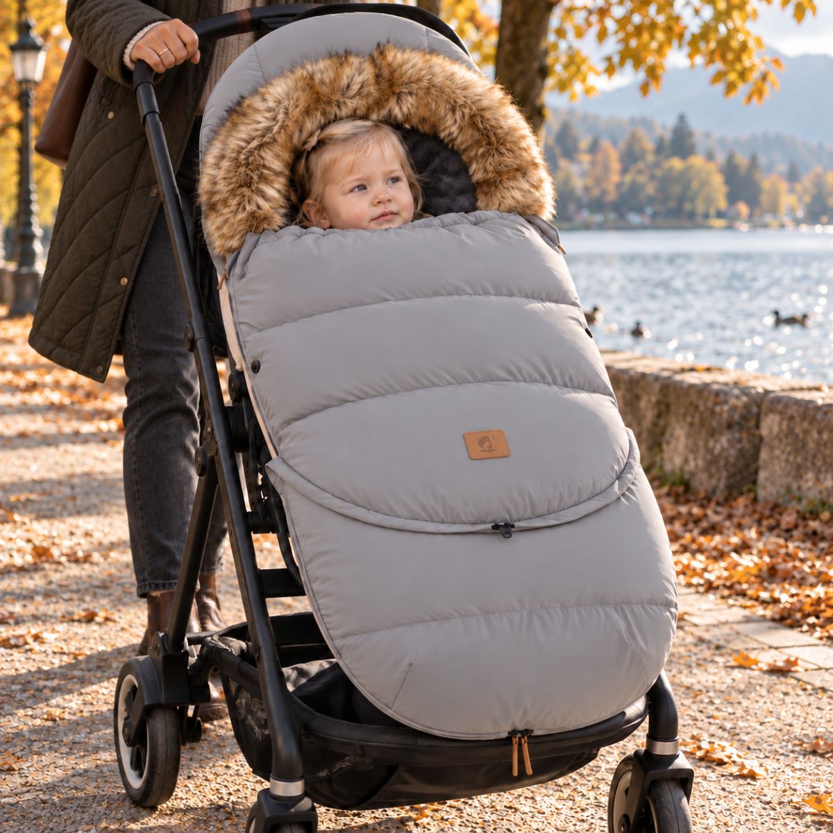 Chancelière poussette gris clair avec col effet fourrure, bébé installé dans une poussette au bord d’un lac en automne