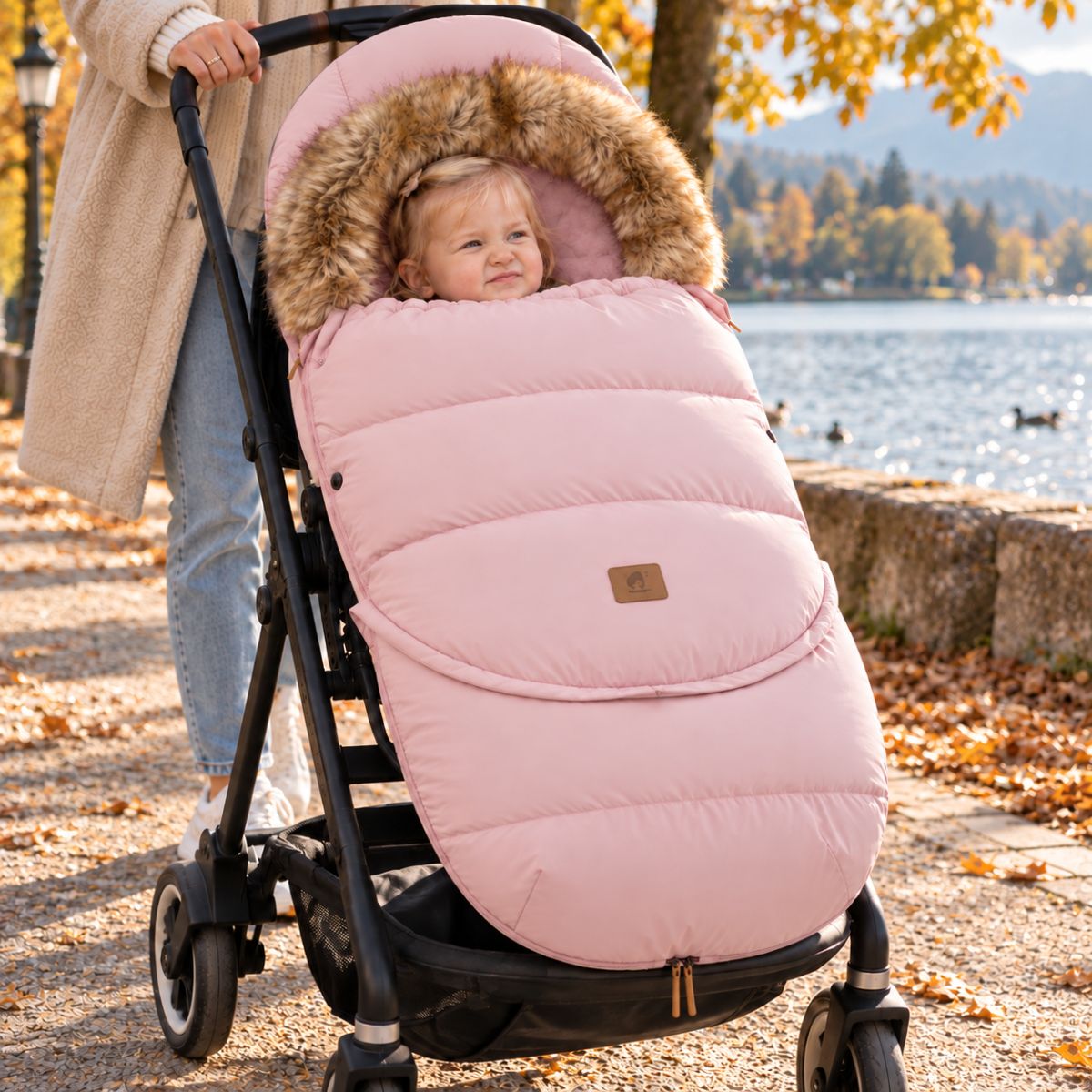 Chancelière poussette rose poudré avec col effet fourrure, bébé installé dans une poussette au bord d’un lac en automne