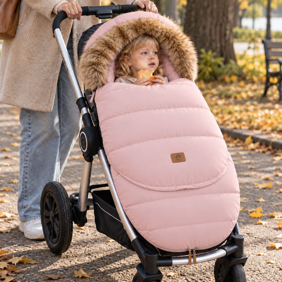 Chancelière poussette rose poudré avec col effet fourrure, bébé installé avec sa maman lors d’une sortie au parc