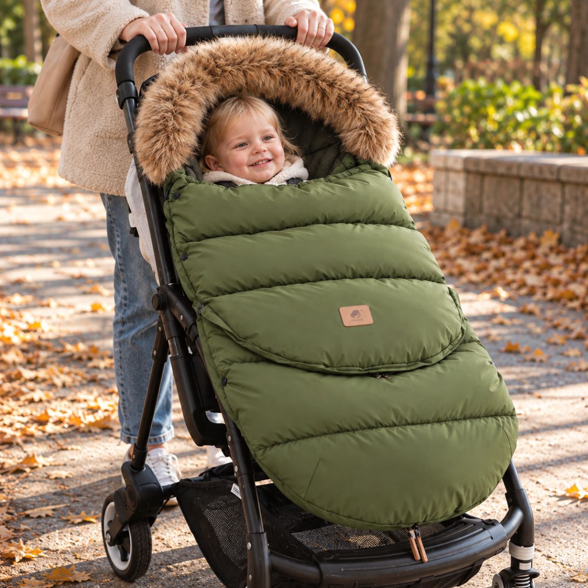Chancelière poussette vert armée avec col effet fourrure, bébé installé avec sa maman lors d’une sortie en automne
