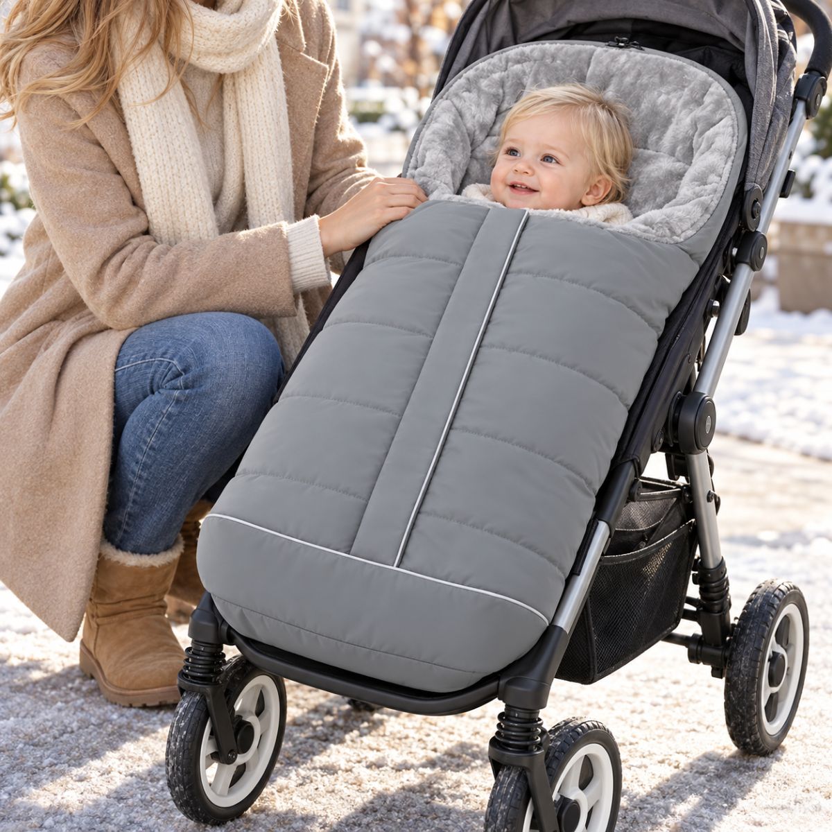 Chancelière poussette gris clair avec doublure polaire grise, bébé installé avec sa maman lors d’une sortie dans la neige