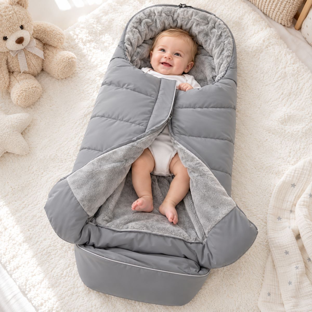 Chancelière poussette gris clair vue de face avec doublure polaire grise, bébé installé sur un chemin enneigé