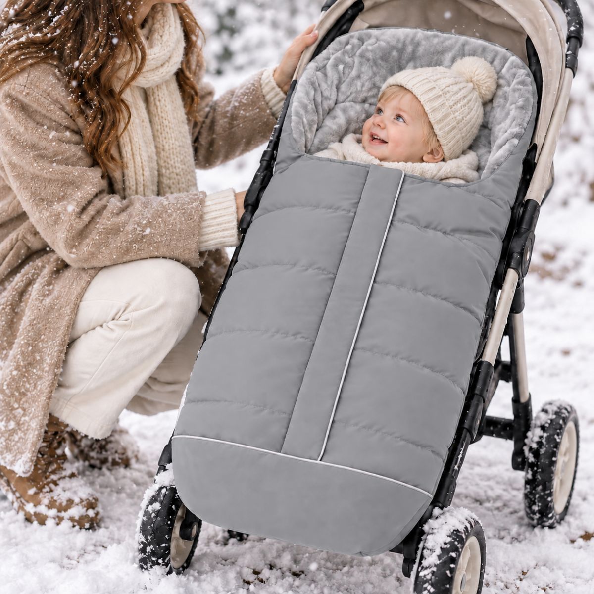 Chancelière poussette gris clair avec doublure polaire grise, bébé installé avec sa maman pendant une promenade dans la neige