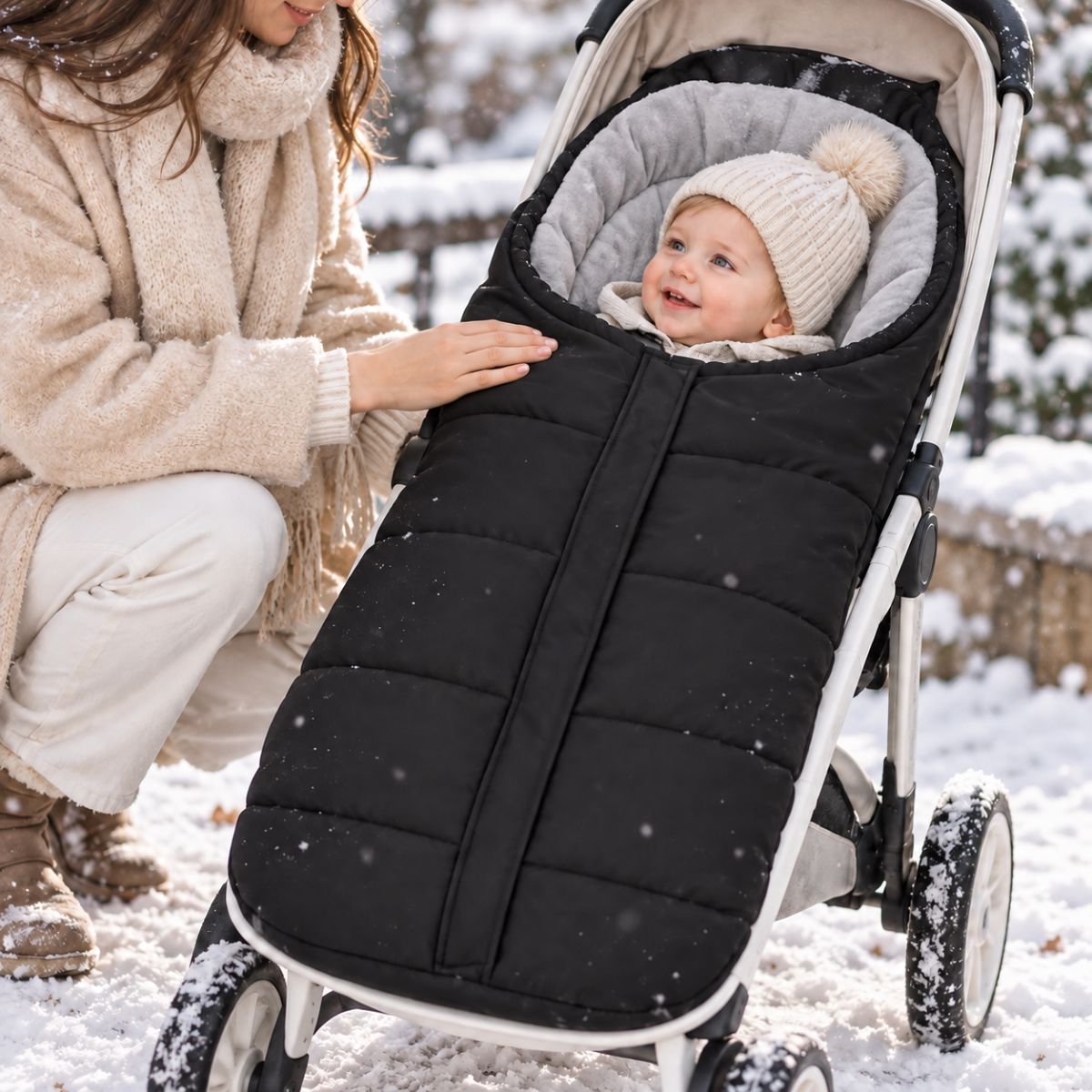 Chancelière poussette noire avec doublure polaire grise, bébé et maman lors d’une sortie d’hiver