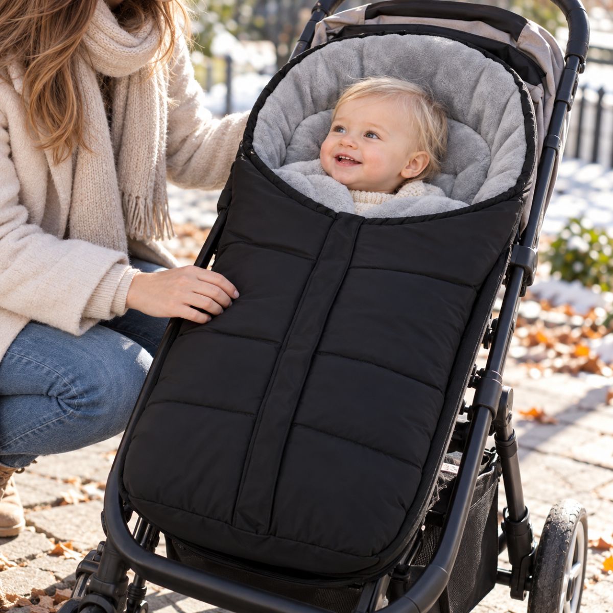 Chancelière poussette noire avec doublure polaire grise, bébé installé dans la poussette avec sa maman
