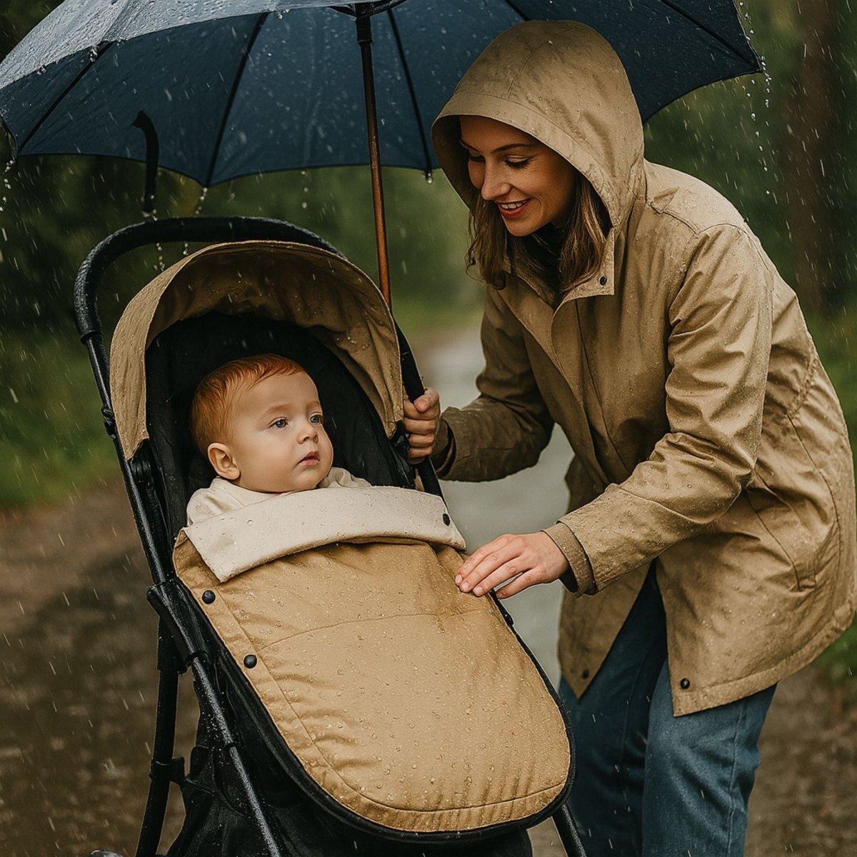 Chancelière poussette beige sous la pluie avec bébé protégé et maman souriante