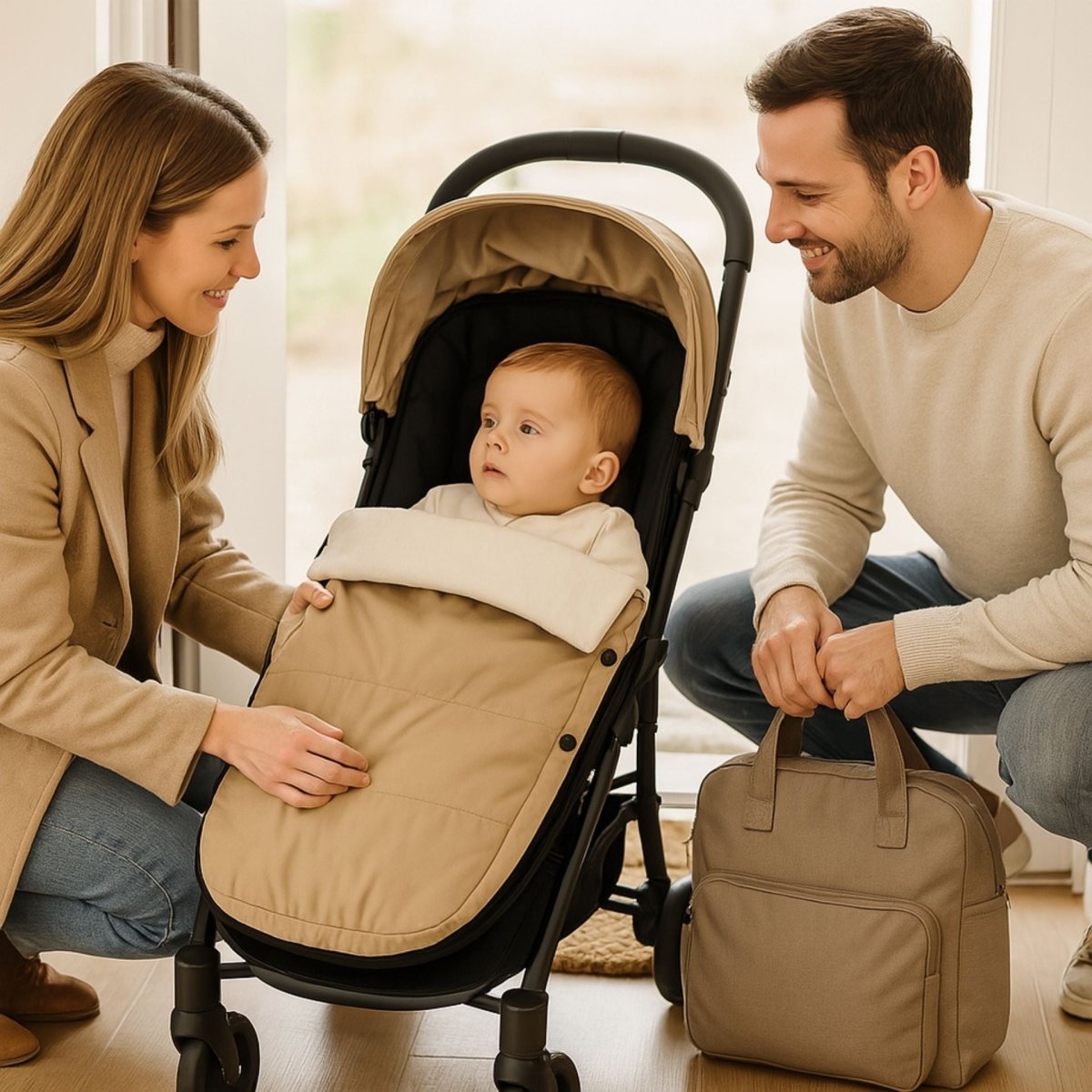 Chancelière poussette beige utilisée en intérieur, bébé installé au chaud entre ses parents