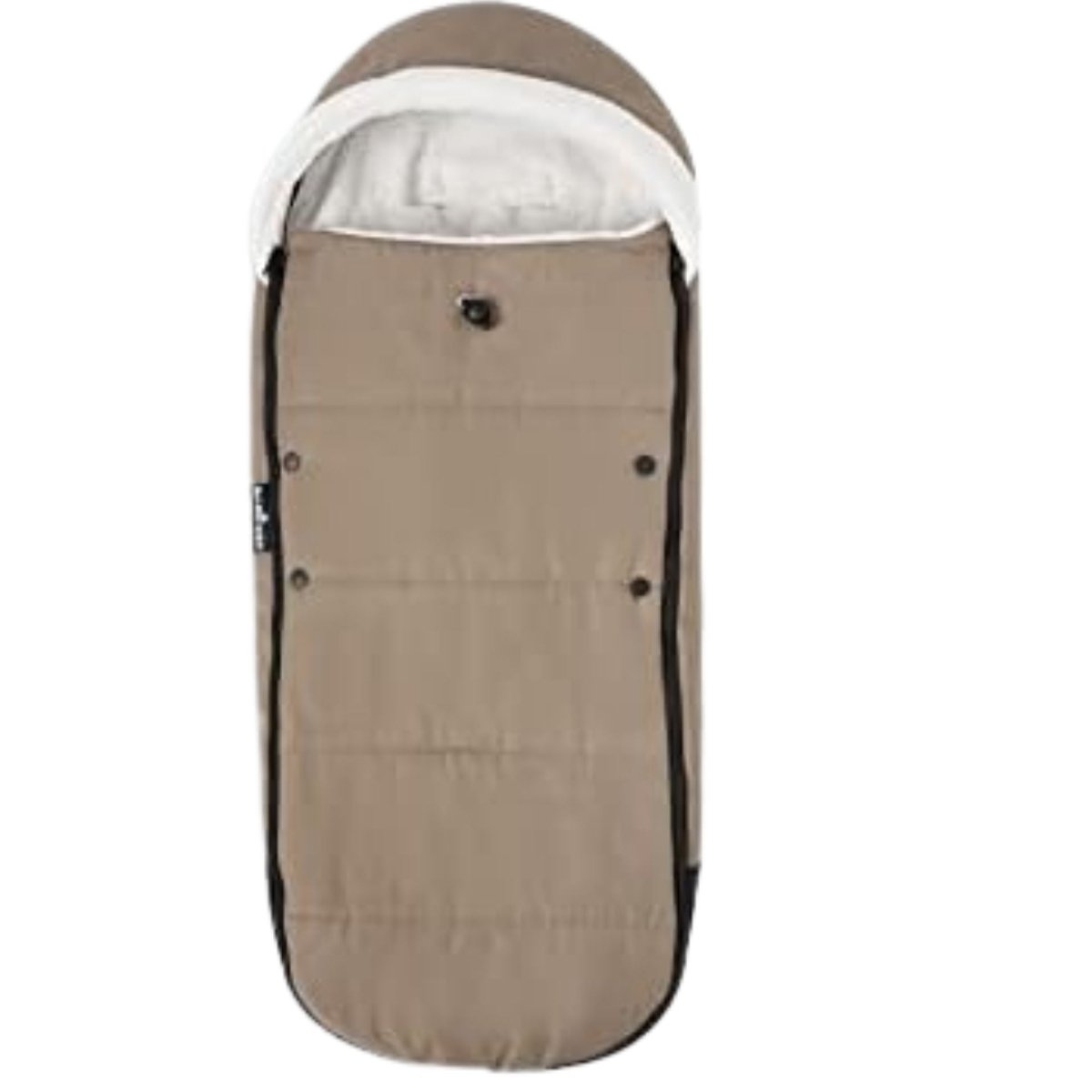 Chancelière poussette beige à plat avec capuche blanche et tissu imperméable visible