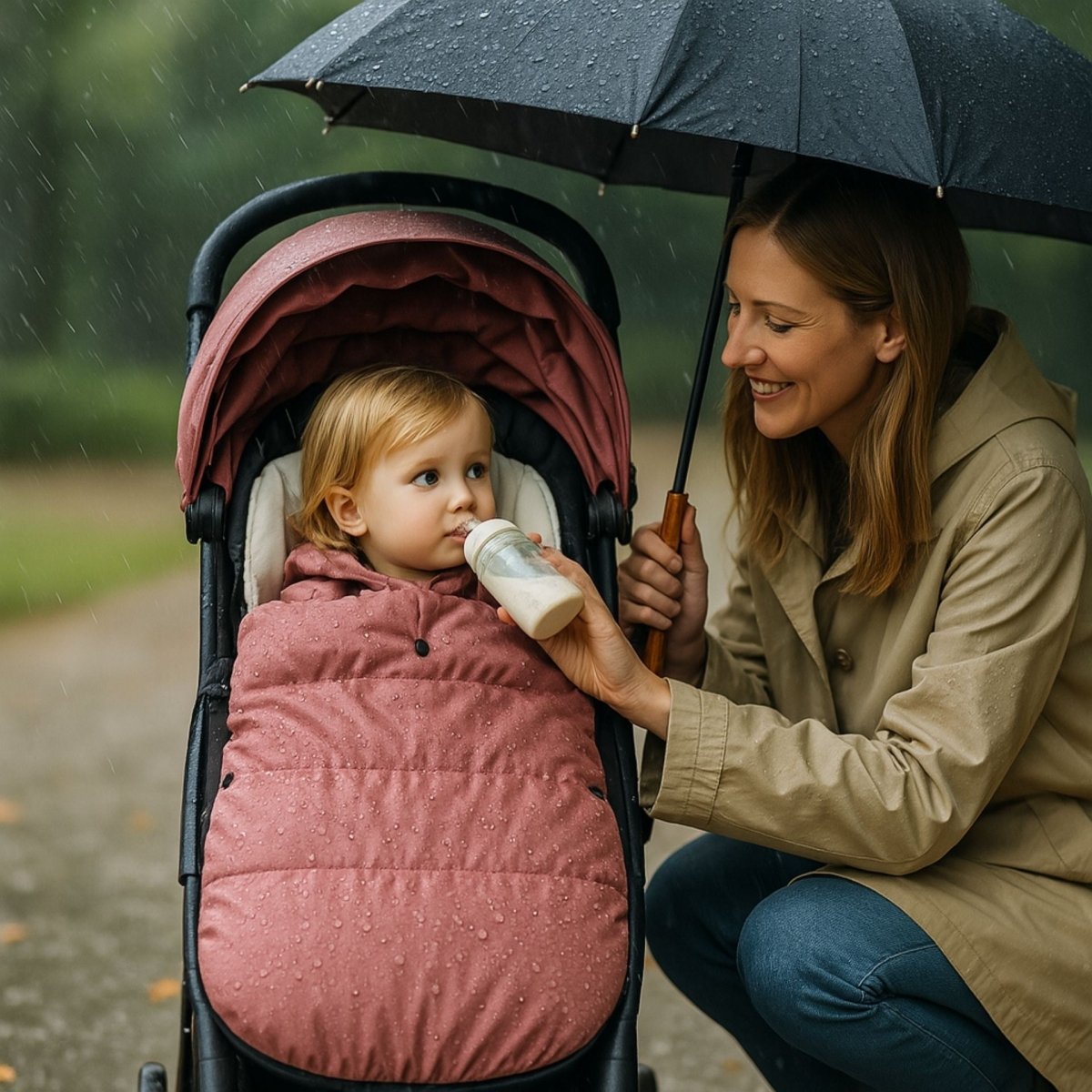 Chancelière poussette rose imperméable sous la pluie pendant le biberon de bébé