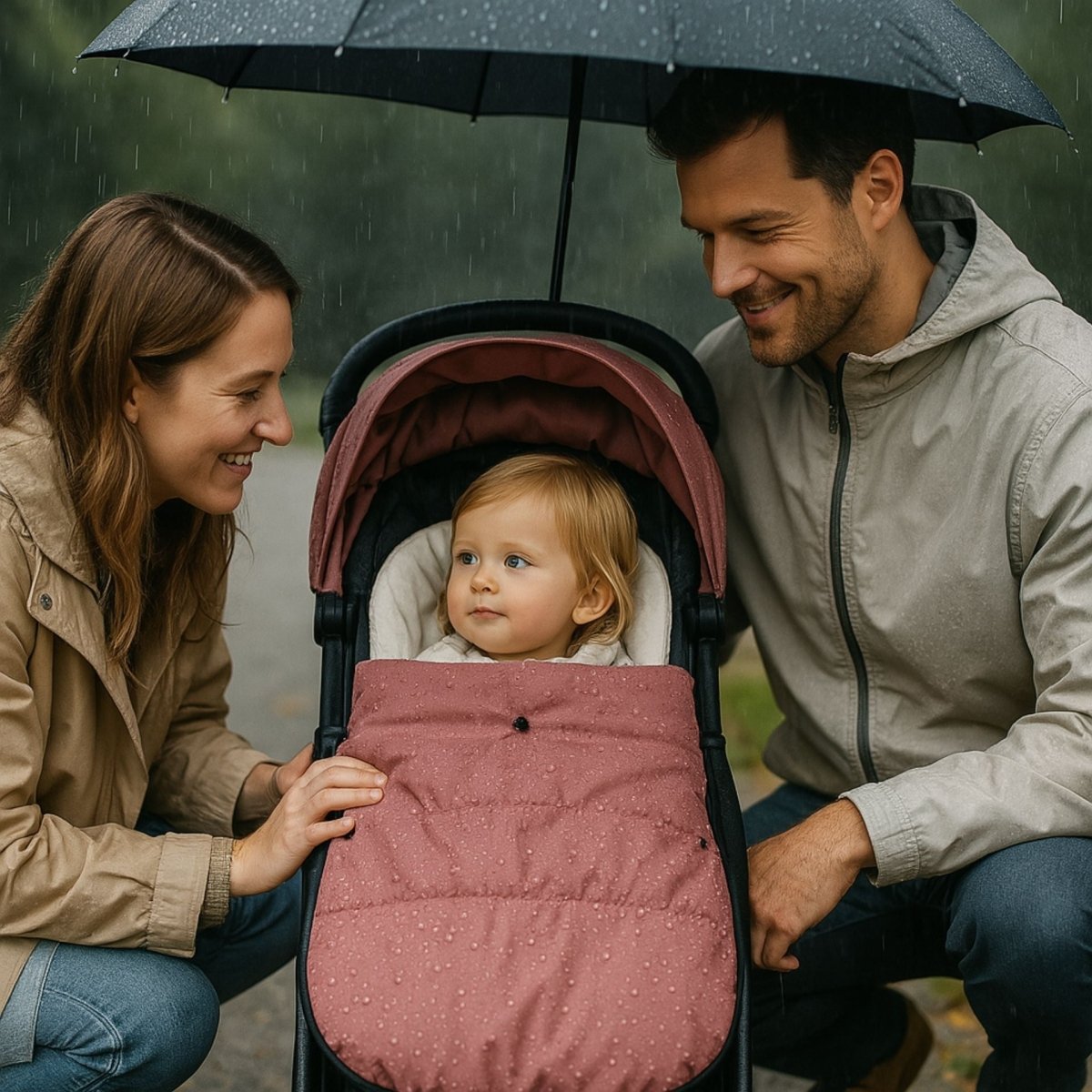 Chancelière poussette rose sous la pluie avec bébé au sec entre ses parents