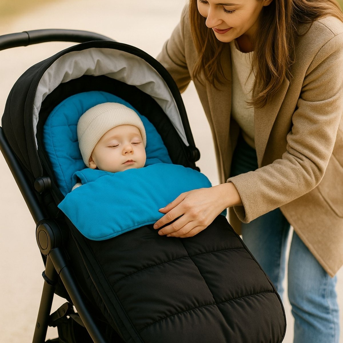 bébé endormi dans chancelière poussette bleue, intérieur doux et moelleux, avec maman attentive