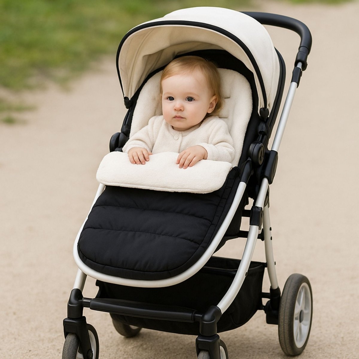 chanceliere poussette noire et crème avec bébé installé confortablement pendant une balade sur chemin clair