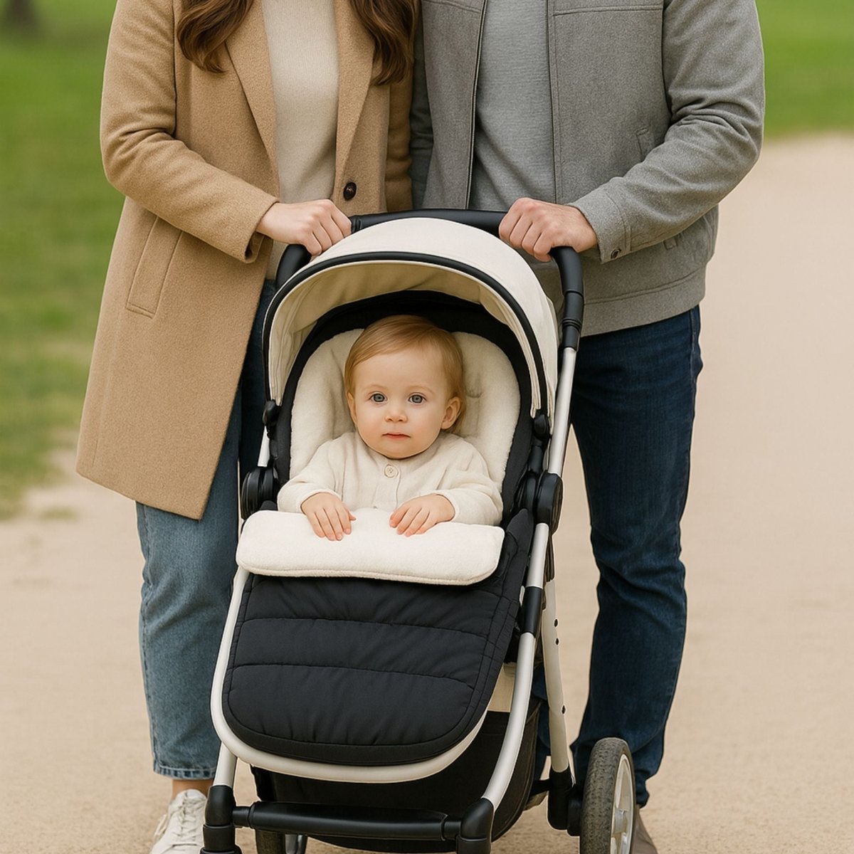 chanceliere poussette noire et crème utilisée lors d’une sortie en famille, bébé installé paisiblement