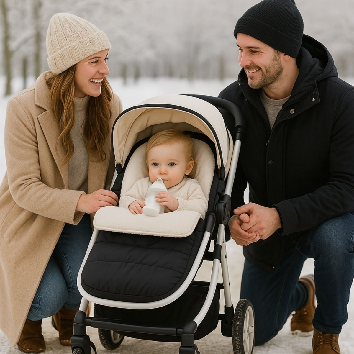 chanceliere poussette avec intérieur crème et bébé confortablement installé pendant une promenade hivernale